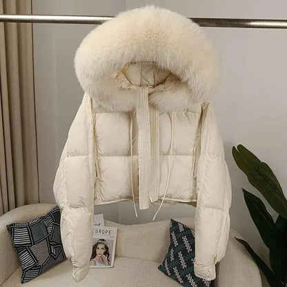 New Duck Down Loose Winter Jacket Women Real Fox Fur Raccoon Fur Collar Hooded Thick Warm Streetwear Outerwear Detachable SS69