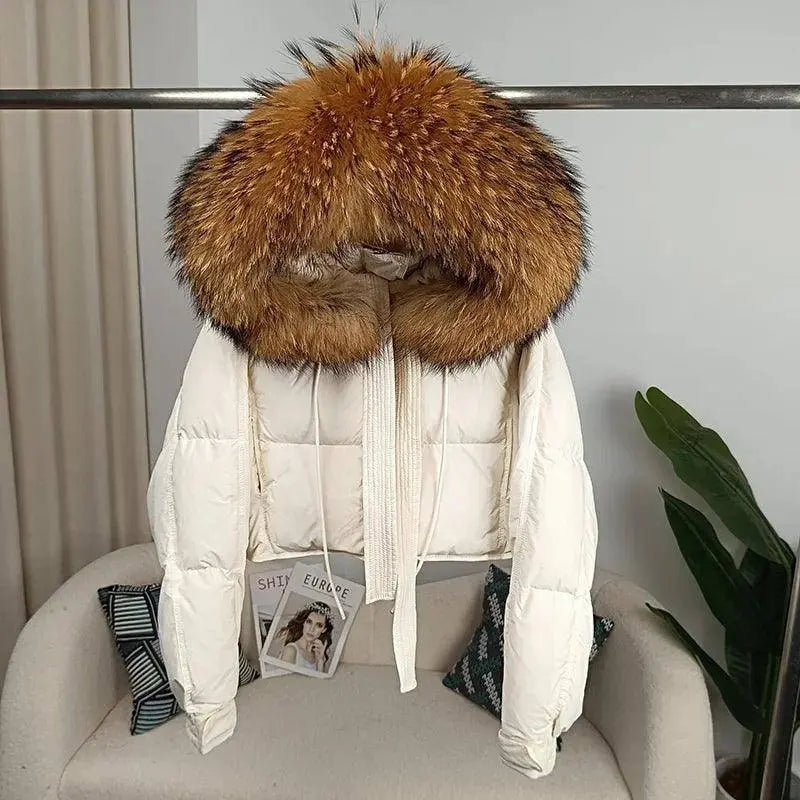 New Duck Down Loose Winter Jacket Women Real Fox Fur Raccoon Fur Collar Hooded Thick Warm Streetwear Outerwear Detachable SS69