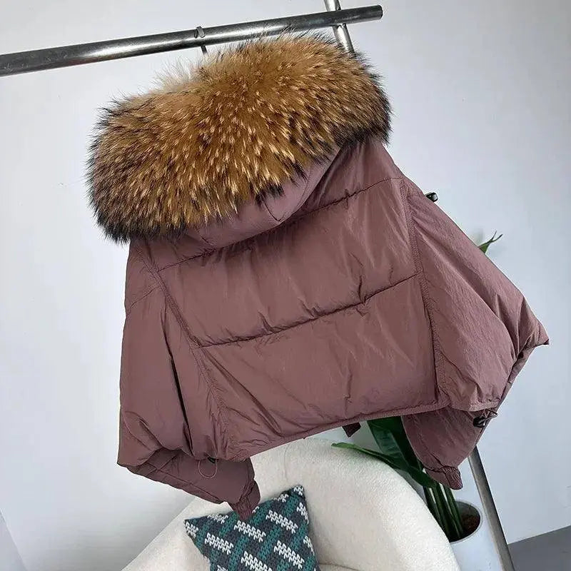 New Duck Down Loose Winter Jacket Women Real Fox Fur Raccoon Fur Collar Hooded Thick Warm Streetwear Outerwear Detachable SS69