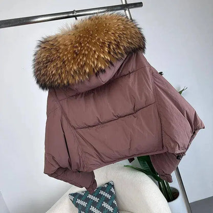 New Duck Down Loose Winter Jacket Women Real Fox Fur Raccoon Fur Collar Hooded Thick Warm Streetwear Outerwear Detachable SS69