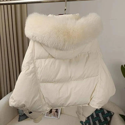 New Duck Down Loose Winter Jacket Women Real Fox Fur Raccoon Fur Collar Hooded Thick Warm Streetwear Outerwear Detachable SS69