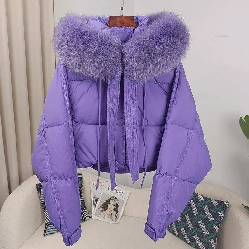 New Duck Down Loose Winter Jacket Women Real Fox Fur Raccoon Fur Collar Hooded Thick Warm Streetwear Outerwear Detachable SS69