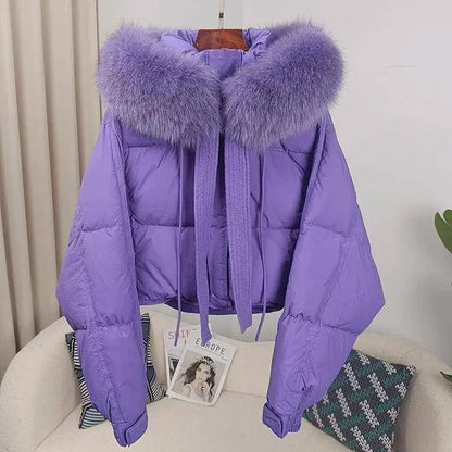 New Duck Down Loose Winter Jacket Women Real Fox Fur Raccoon Fur Collar Hooded Thick Warm Streetwear Outerwear Detachable SS69
