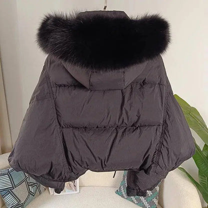 New Duck Down Loose Winter Jacket Women Real Fox Fur Raccoon Fur Collar Hooded Thick Warm Streetwear Outerwear Detachable SS69