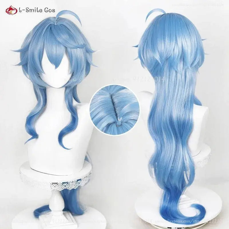 New Ganyu Cosplay Wig Ganyu 90cm Long Blue Gradient Wigs With Bangs Trimmed Heat Resistant Synthetic Hair Cute Wigs + Wig Cap - SS69