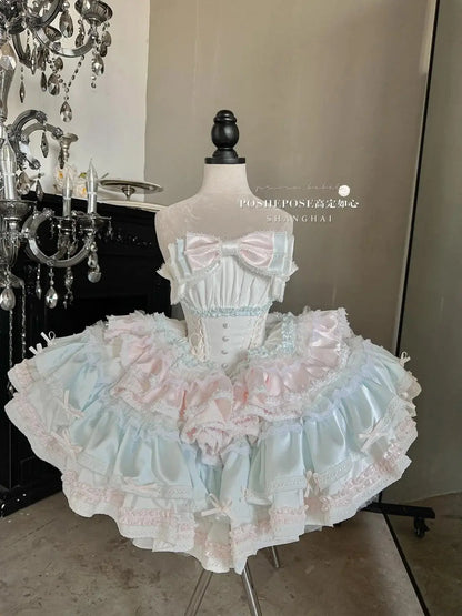 New Girls Birthday Lolita Dress 2025 Spring and Summer Women's Tube Top Satin Bowknot Slim Pettiskirt Short Mini Party Dress - SS69