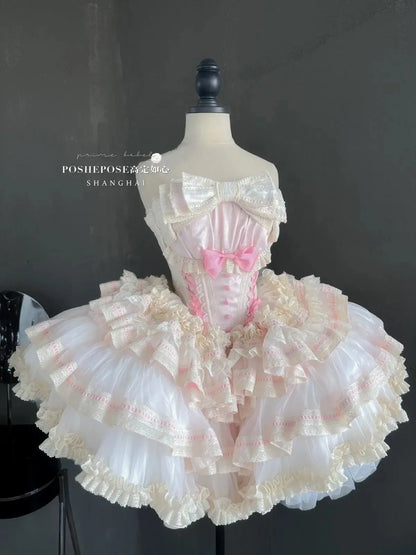 New Girls Birthday Lolita Dress 2025 Spring and Summer Women's Tube Top Satin Bowknot Slim Pettiskirt Short Mini Party Dress - SS69