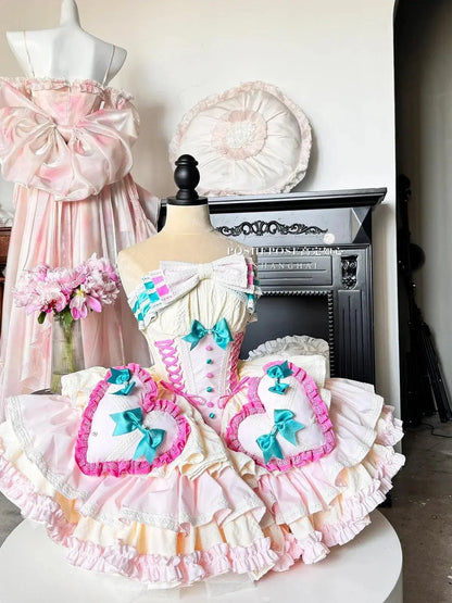 New Girls Birthday Lolita Dress 2025 Spring and Summer Women's Tube Top Satin Bowknot Slim Pettiskirt Short Mini Party Dress - SS69