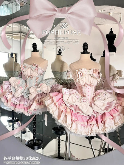 New Girls Birthday Lolita Dress 2025 Spring and Summer Women's Tube Top Satin Bowknot Slim Pettiskirt Short Mini Party Dress SS69
