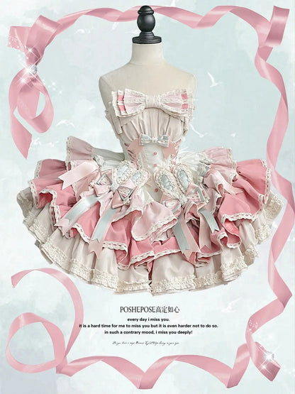 New Girls Birthday Lolita Dress 2025 Spring and Summer Women's Tube Top Satin Bowknot Slim Pettiskirt Short Mini Party Dress SS69