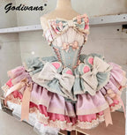 New Girls Birthday Lolita Dress 2025 Spring and Summer Women's Tube Top Satin Bowknot Slim Pettiskirt Short Mini Party Dress SS69