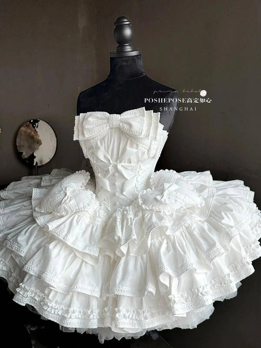 New Girls Birthday Lolita Dress 2025 Spring and Summer Women's Tube Top Satin Bowknot Slim Pettiskirt Short Mini Party Dress SS69