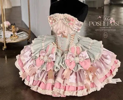 New Girls Birthday Lolita Dress 2025 Spring and Summer Women's Tube Top Satin Bowknot Slim Pettiskirt Short Mini Party Dress SS69