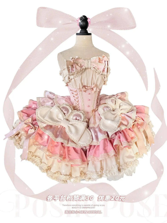 New Girls Birthday Lolita Dress 2025 Spring and Summer Women's Tube Top Satin Bowknot Slim Pettiskirt Short Mini Party Dress SS69