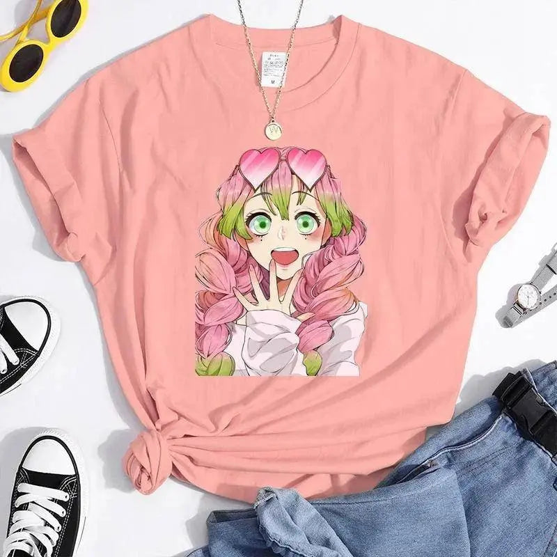 New Kanroji Mitsuri Graphic Print T Shirt Women Summer Casual Round Neck Cozy Short Sleeve Streetwear Fashion Anime Harajuku Tee - SS69