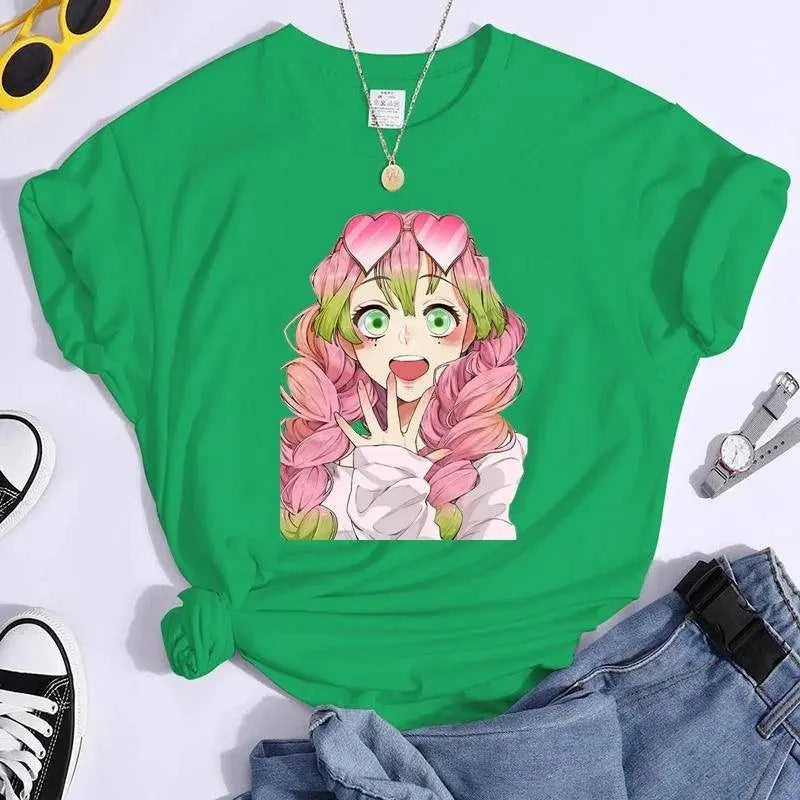 New Kanroji Mitsuri Graphic Print T Shirt Women Summer Casual Round Neck Cozy Short Sleeve Streetwear Fashion Anime Harajuku Tee - SS69