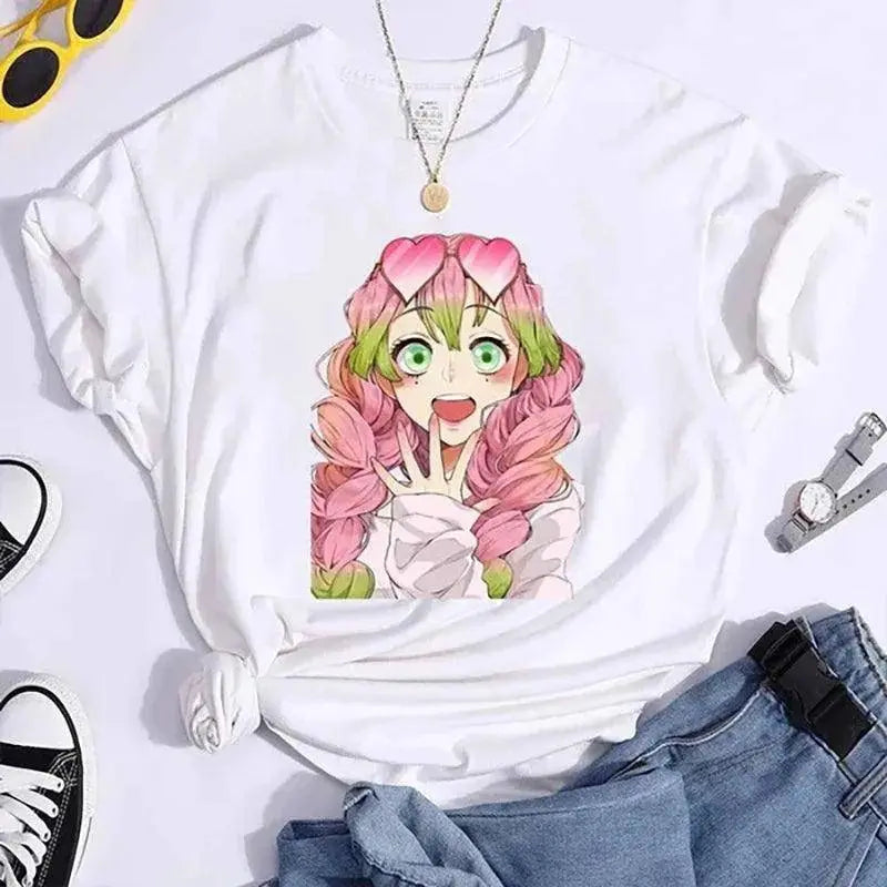 New Kanroji Mitsuri Graphic Print T Shirt Women Summer Casual Round Neck Cozy Short Sleeve Streetwear Fashion Anime Harajuku Tee - SS69