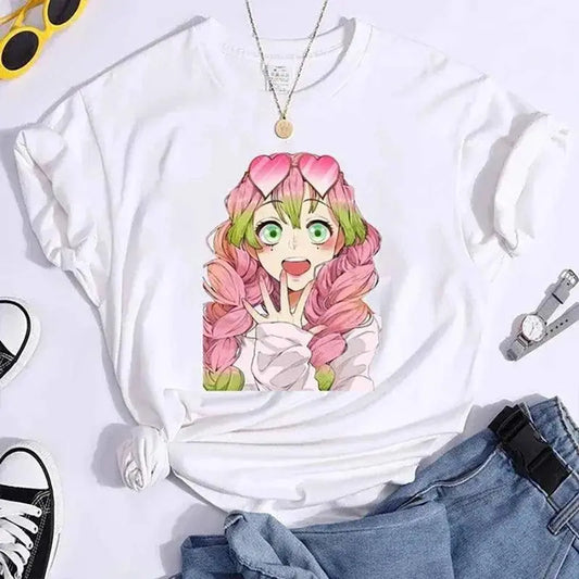 New Kanroji Mitsuri Graphic Print T Shirt Women Summer Casual Round Neck Cozy Short Sleeve Streetwear Fashion Anime Harajuku Tee - SS69