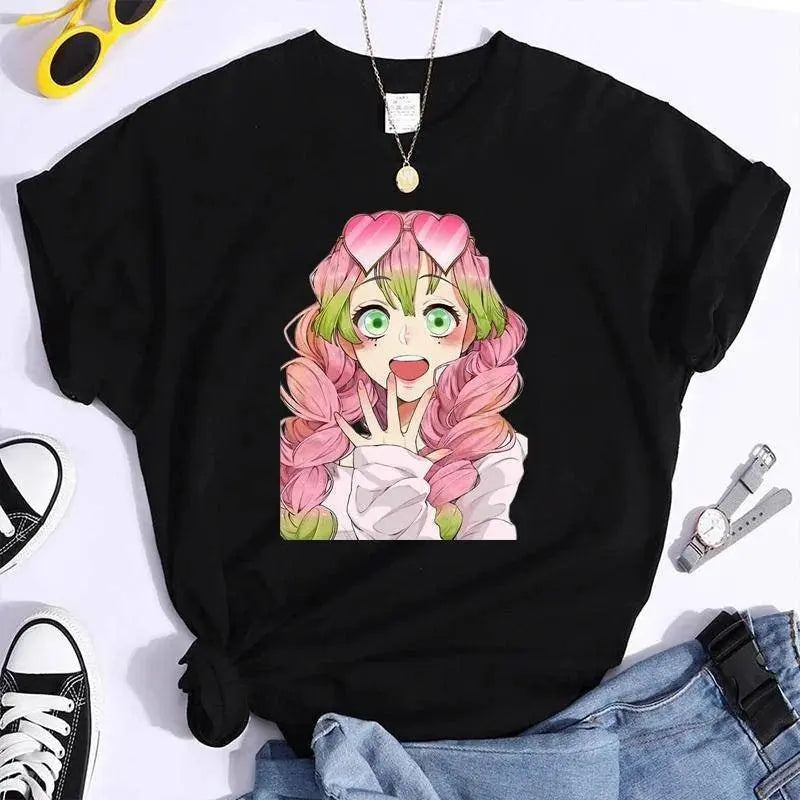 New Kanroji Mitsuri Graphic Print T Shirt Women Summer Casual Round Neck Cozy Short Sleeve Streetwear Fashion Anime Harajuku Tee - SS69