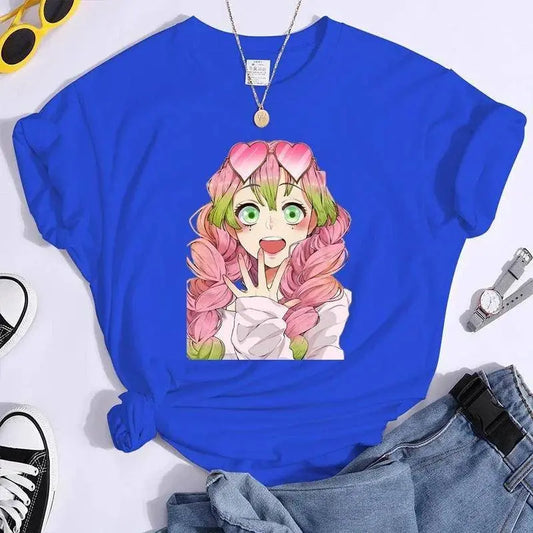 New Kanroji Mitsuri Graphic Print T Shirt Women Summer Casual Round Neck Cozy Short Sleeve Streetwear Fashion Anime Harajuku Tee - SS69