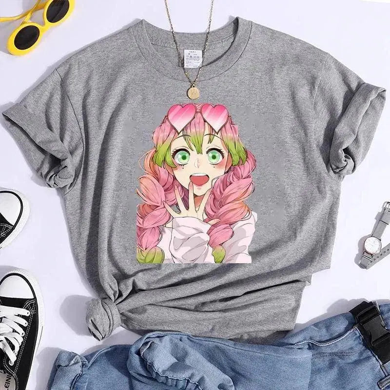 New Kanroji Mitsuri Graphic Print T Shirt Women Summer Casual Round Neck Cozy Short Sleeve Streetwear Fashion Anime Harajuku Tee - SS69