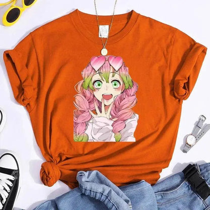 New Kanroji Mitsuri Graphic Print T Shirt Women Summer Casual Round Neck Cozy Short Sleeve Streetwear Fashion Anime Harajuku Tee - SS69