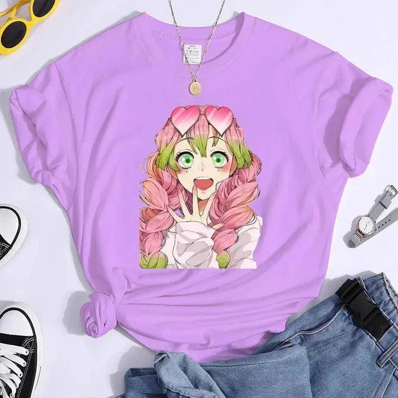 New Kanroji Mitsuri Graphic Print T Shirt Women Summer Casual Round Neck Cozy Short Sleeve Streetwear Fashion Anime Harajuku Tee - SS69