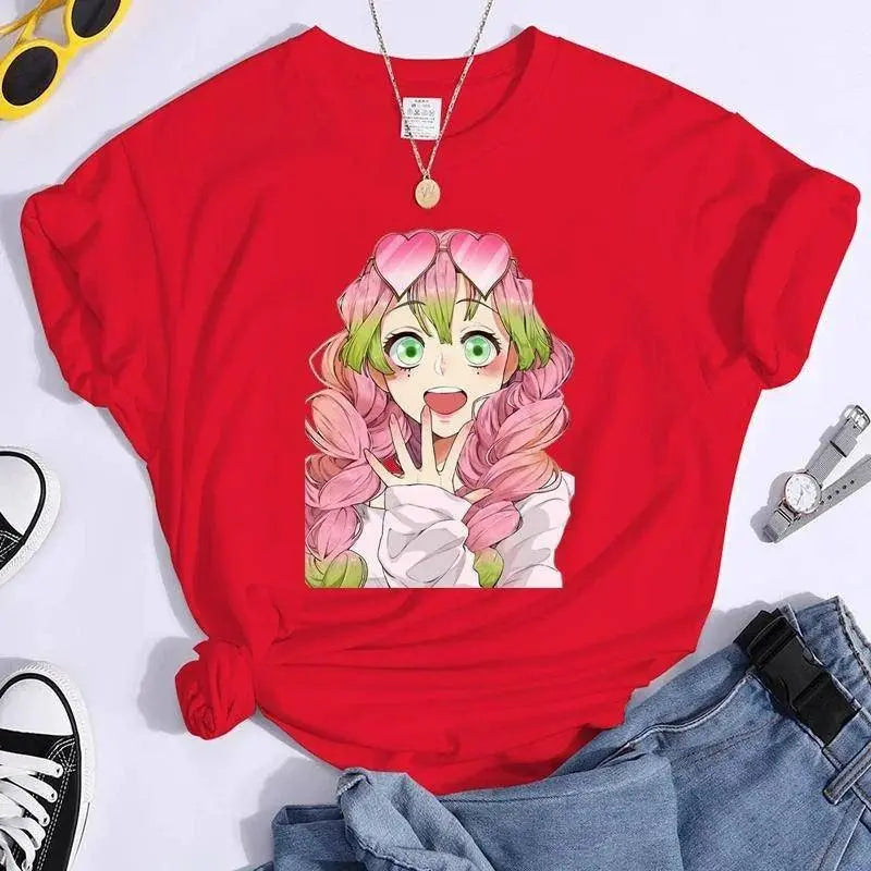 New Kanroji Mitsuri Graphic Print T Shirt Women Summer Casual Round Neck Cozy Short Sleeve Streetwear Fashion Anime Harajuku Tee - SS69