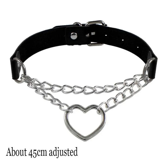 New Sexy Harajuku PU Leather Chain Heart Pendant Necklaces Women Men Punk Neck Gothic Black Pink Choker Necklace Cool Collar - SS69