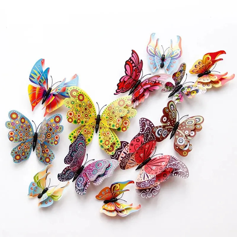 New Style 12Pcs Double Layer 3D Butterfly Wall Stickers Home Room Decor Butterflies For Wedding Decoration Magnet Fridge Decals SS69