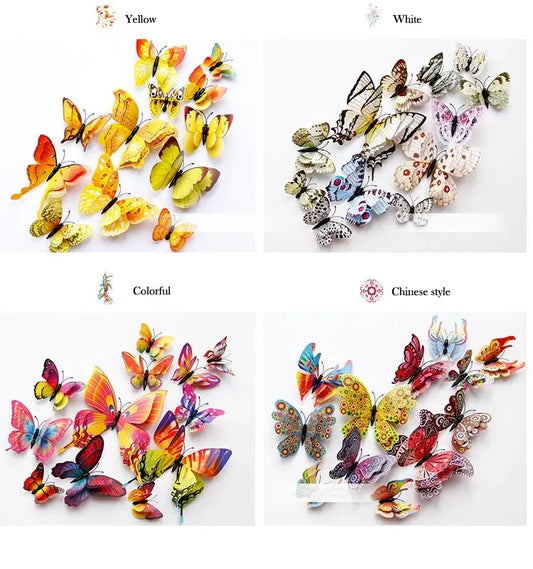New Style 12Pcs Double Layer 3D Butterfly Wall Stickers Home Room Decor Butterflies For Wedding Decoration Magnet Fridge Decals SS69