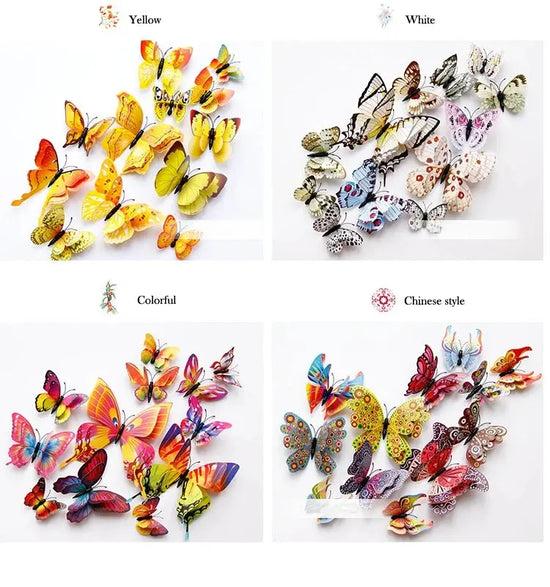 New Style 12Pcs Double Layer 3D Butterfly Wall Stickers Home Room Decor Butterflies For Wedding Decoration Magnet Fridge Decals SS69