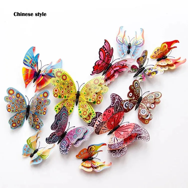 New Style 12Pcs Double Layer 3D Butterfly Wall Stickers Home Room Decor Butterflies For Wedding Decoration Magnet Fridge Decals SS69