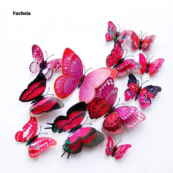 New Style 12Pcs Double Layer 3D Butterfly Wall Stickers Home Room Decor Butterflies For Wedding Decoration Magnet Fridge Decals SS69 7.69 Fuchsia