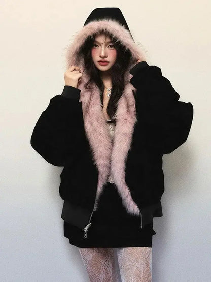 New Winter American Retro Pink Fur Hooded Workwear Thickened Short Jacket Skirt Two-piece Suit for Women - SS69