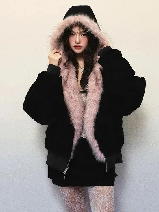 New Winter American Retro Pink Fur Hooded Workwear Thickened Short Jacket Skirt Two-piece Suit for Women - SS69