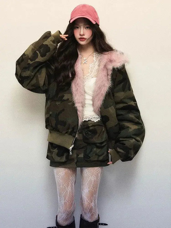 New Winter American Retro Pink Fur Hooded Workwear Thickened Short Jacket Skirt Two-piece Suit for Women - SS69