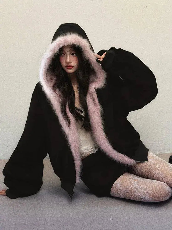 New Winter American Retro Pink Fur Hooded Workwear Thickened Short Jacket Skirt Two-piece Suit for Women SS69
