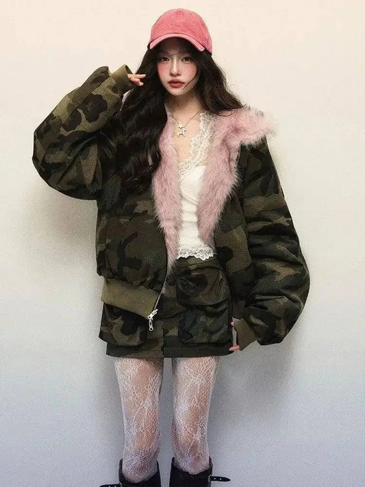New Winter American Retro Pink Fur Hooded Workwear Thickened Short Jacket Skirt Two-piece Suit for Women SS69