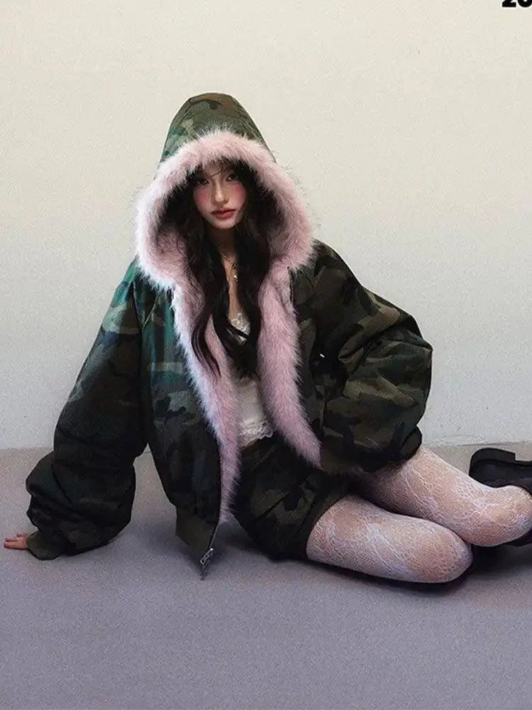 New Winter American Retro Pink Fur Hooded Workwear Thickened Short Jacket Skirt Two-piece Suit for Women SS69