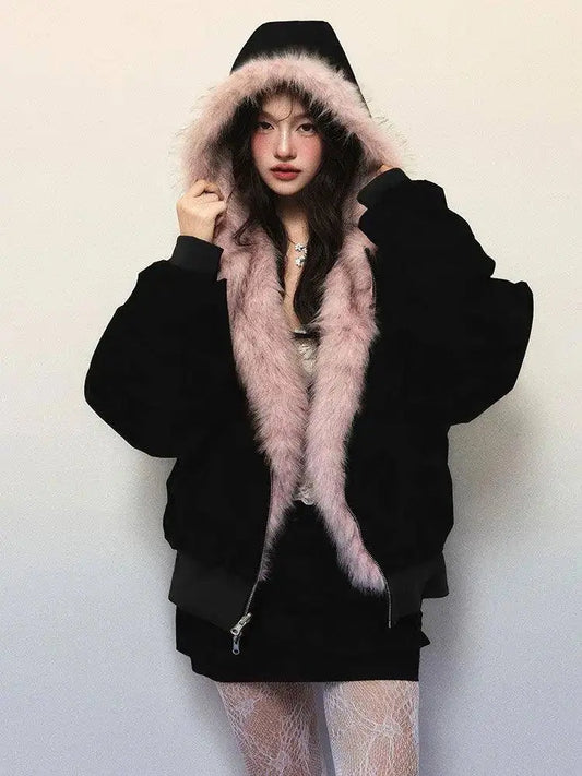 New Winter American Retro Pink Fur Hooded Workwear Thickened Short Jacket Skirt Two-piece Suit for Women SS69