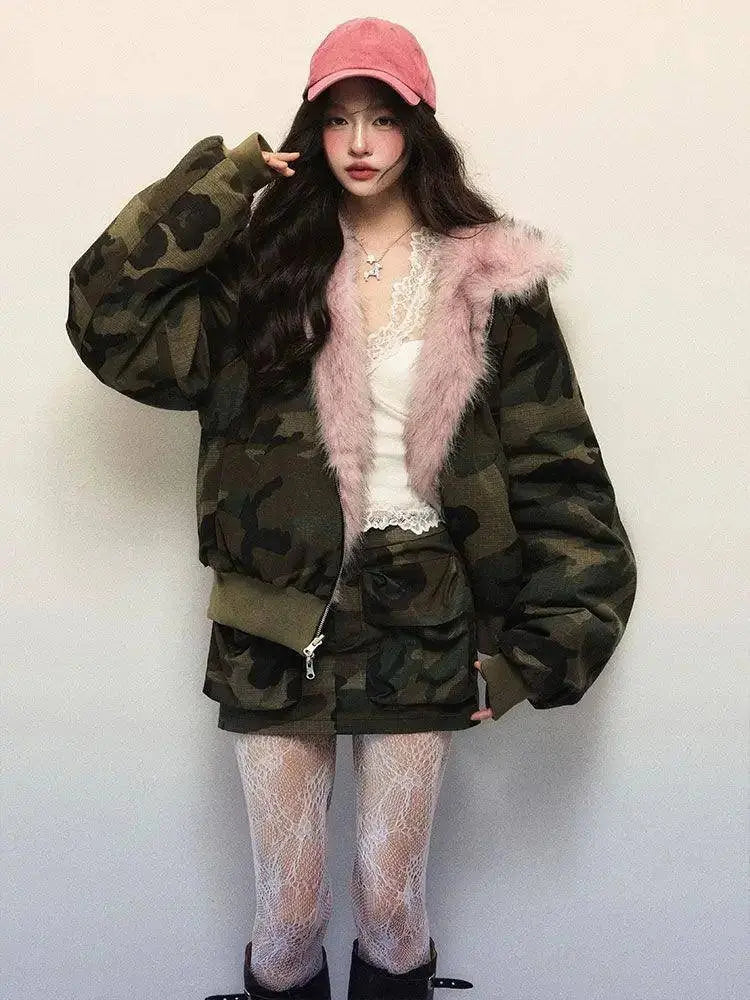 New Winter American Retro Pink Fur Hooded Workwear Thickened Short Jacket Skirt Two-piece Suit for Women SS69