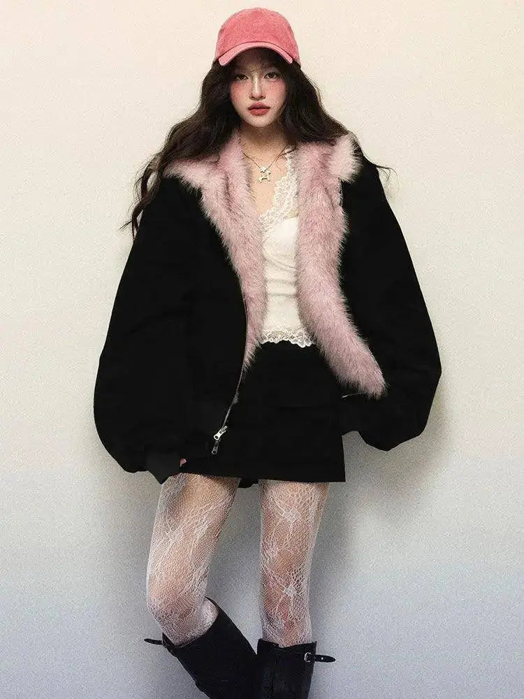 New Winter American Retro Pink Fur Hooded Workwear Thickened Short Jacket Skirt Two-piece Suit for Women SS69