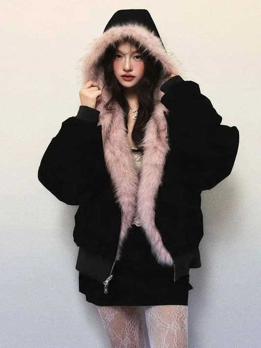 New Winter American Retro Pink Fur Hooded Workwear Thickened Short Jacket Skirt Two-piece Suit for Women SS69