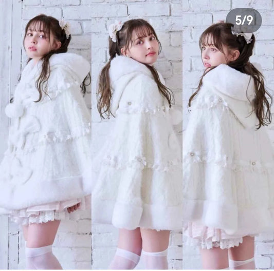 Japanese Sweet Soft Thick Women's Double-Layer Big Ribbon Hooded Knitted Cloak 3 Colors Autumn and Winter Ponchos Warm Jacket