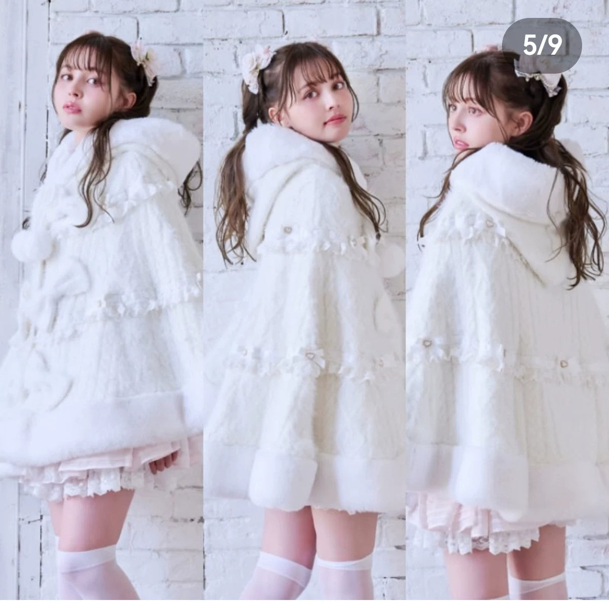 Godivana Lolita Style Faux Rabbit Fur Cape Coat with Bow & Rhinestones - White