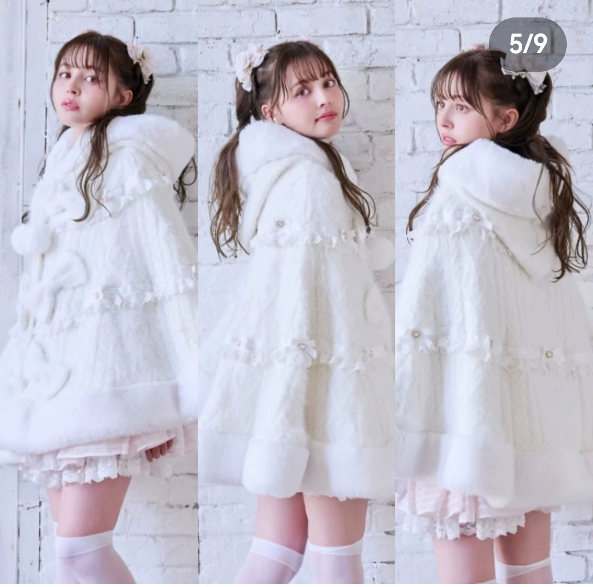 Godivana Lolita Style Faux Rabbit Fur Cape Coat with Bow & Rhinestones - White