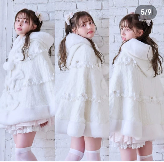 Godivana Lolita Style Faux Rabbit Fur Cape Coat with Bow & Rhinestones - White