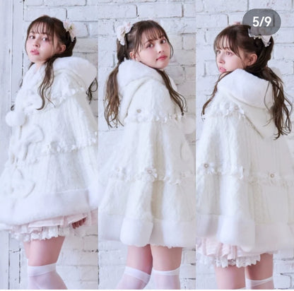 Godivana Lolita Faux Rabbit Fur Cape Coat with Rhinestone Bow and Hood