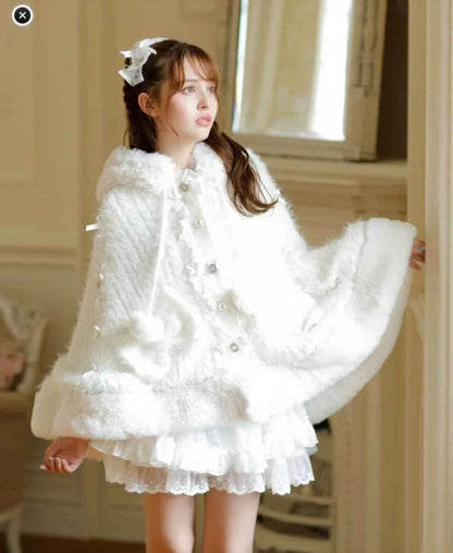 Japanese Sweet Soft Thick Women's Double-Layer Big Ribbon Hooded Knitted Cloak 3 Colors Autumn and Winter Ponchos Warm Jacket